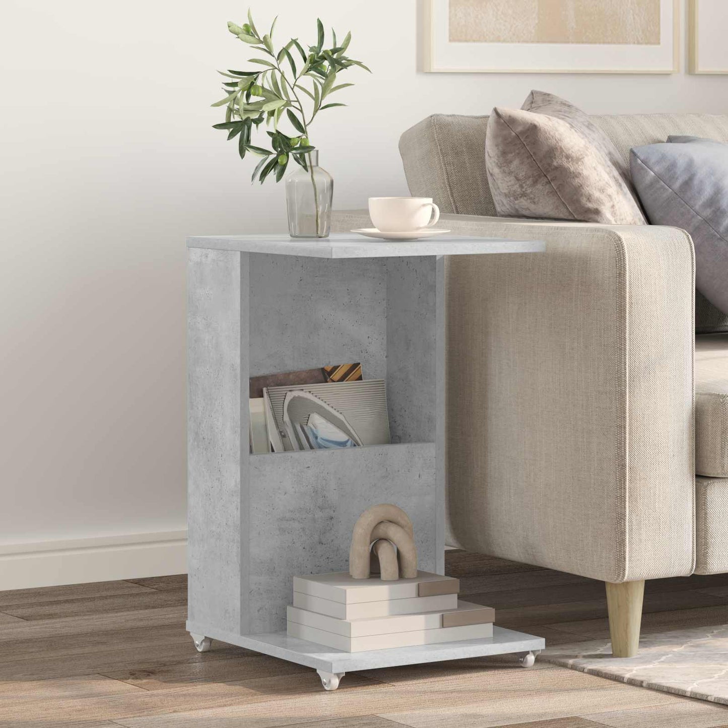 vidaXL Table d'appoint avec roue Béton Gris 40 x 35 x 60 cm Bois d'ingénierie