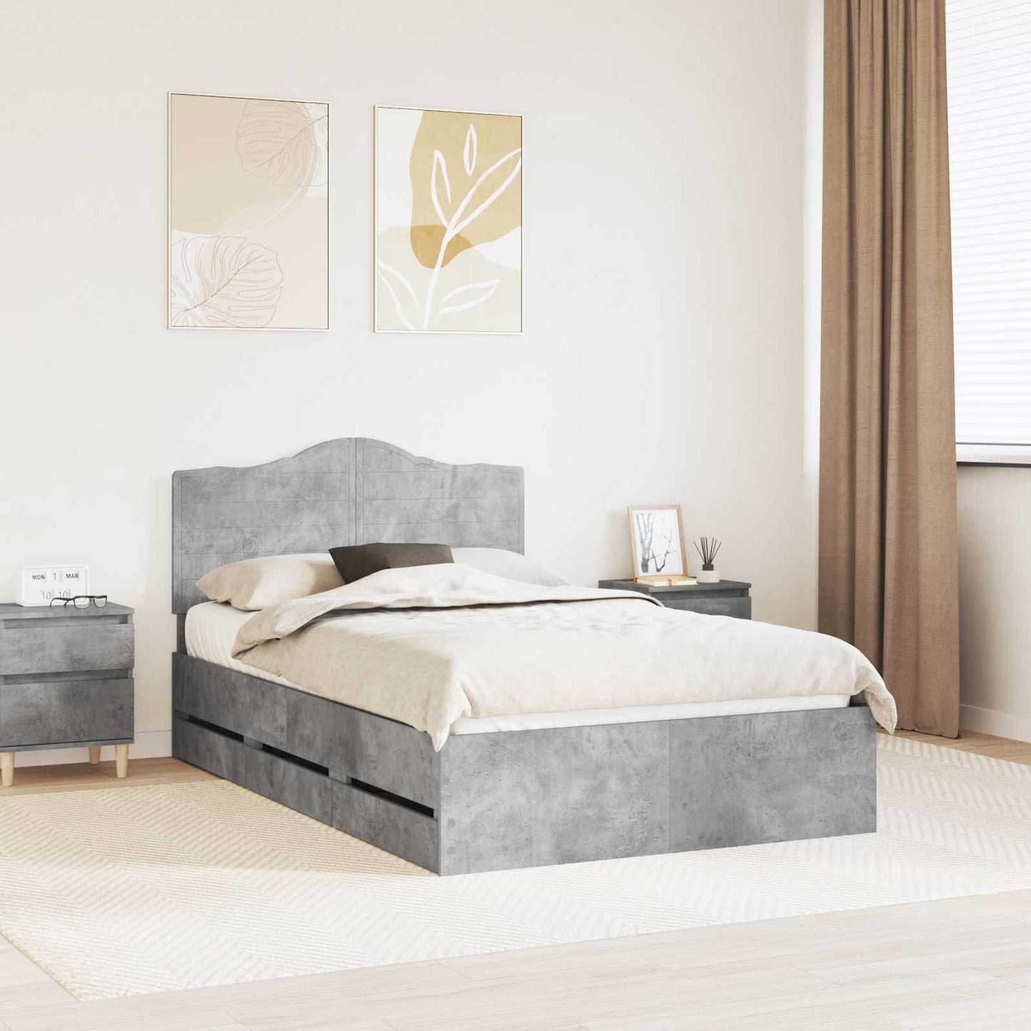 vidaXL Bettrahmen mit Kopfteil Beton Grau 135 x 190 cm Ingenieurs Holz