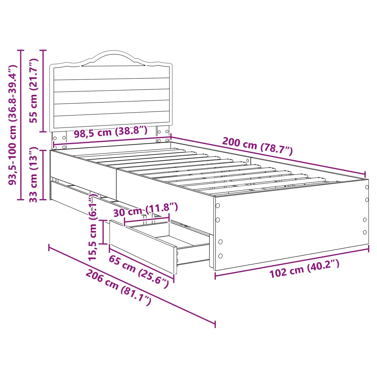 vidaXL Bettrahmen mit Schubladen Schwarz 100 x 200 cm Ingenieurs Holz