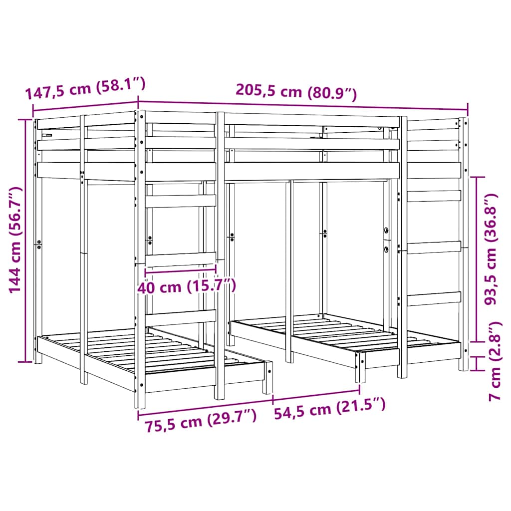Dreifach Etagenbettrahmen Weiß 140 x 200 cm