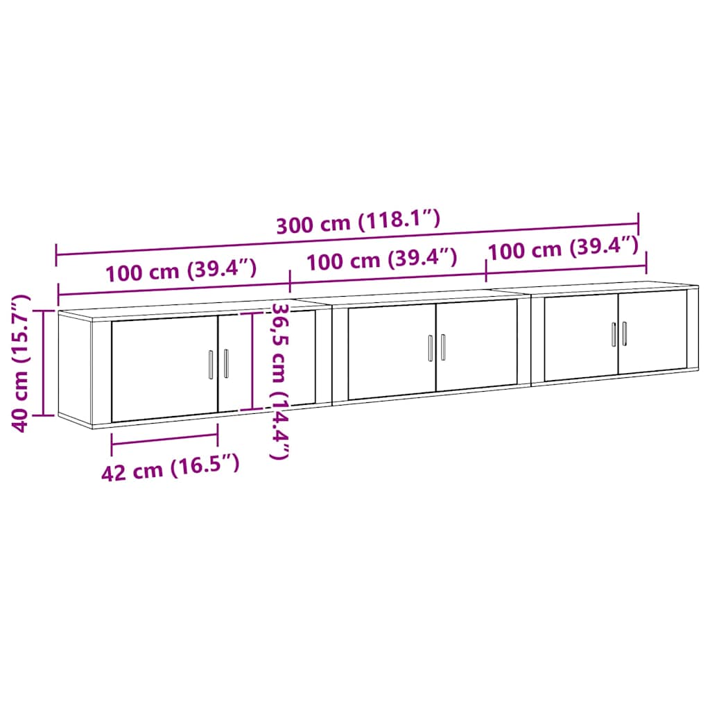 vidaXL Meuble TV mural fixé au mur 3 pcs noir aspect chêne