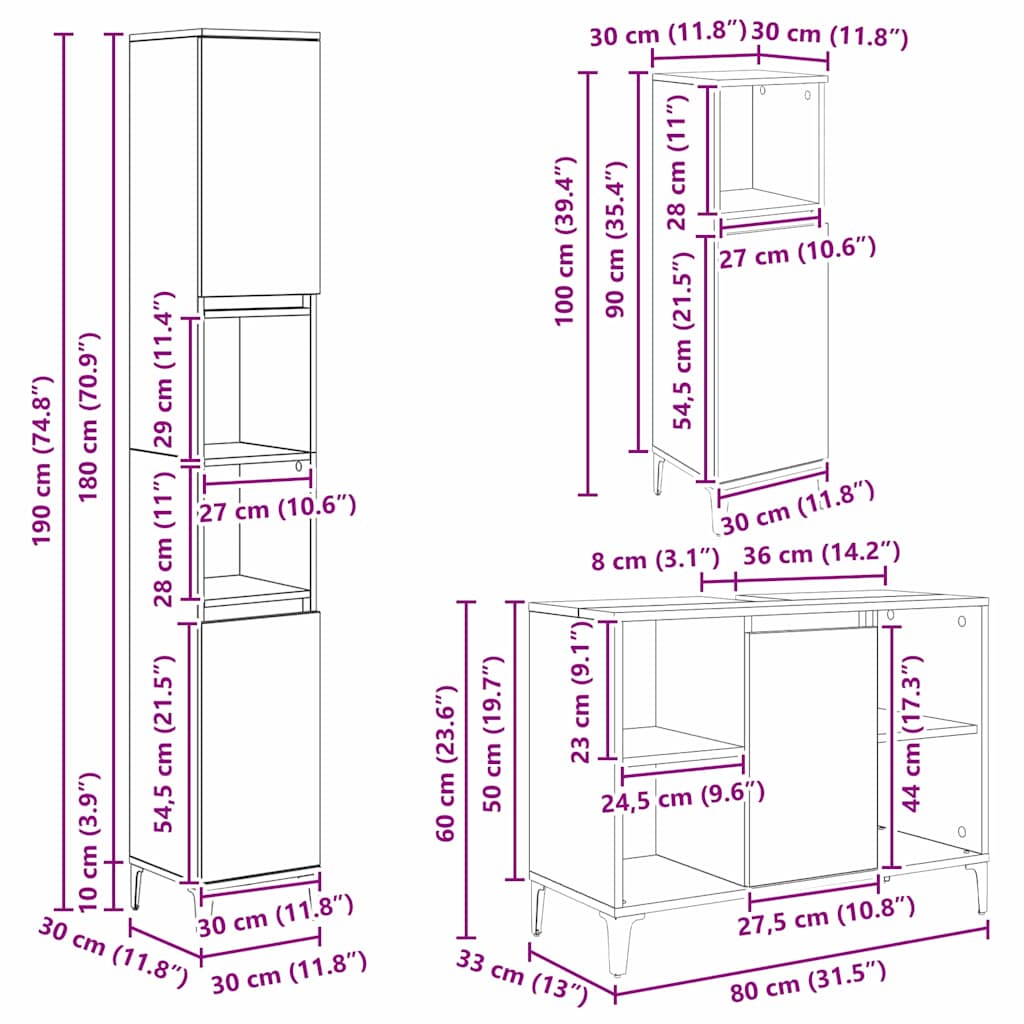 vidaXL Badezimmermöbel-Set mit Regal 3 pcs Altholz Holzwerkstoff