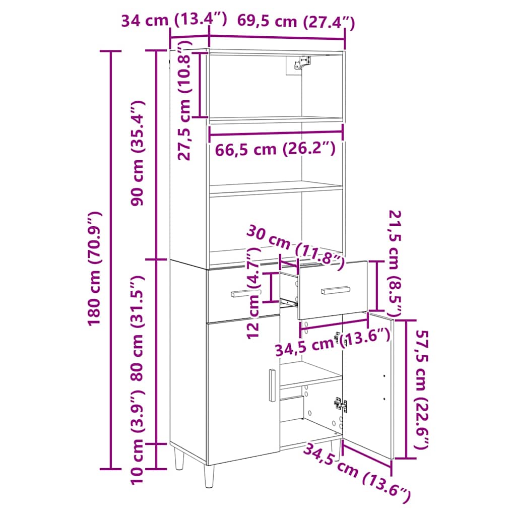 Highboard Artisan-Eiche 69,5 x 34 x 180 cm Holzwerkstoff