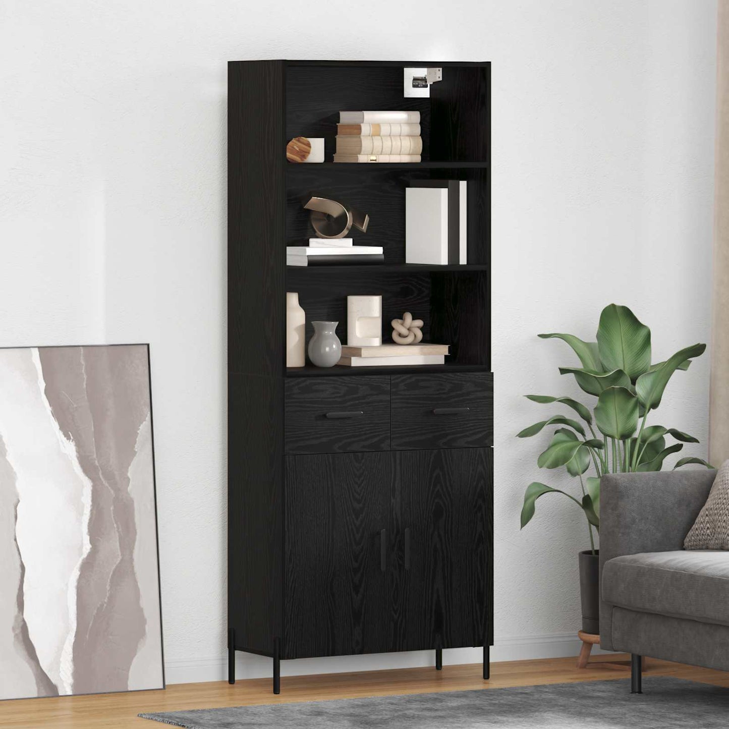 vidaXL Buffet haut noir aspect chêne 69,5 x 34 x 180 cm Bois d'ingénierie