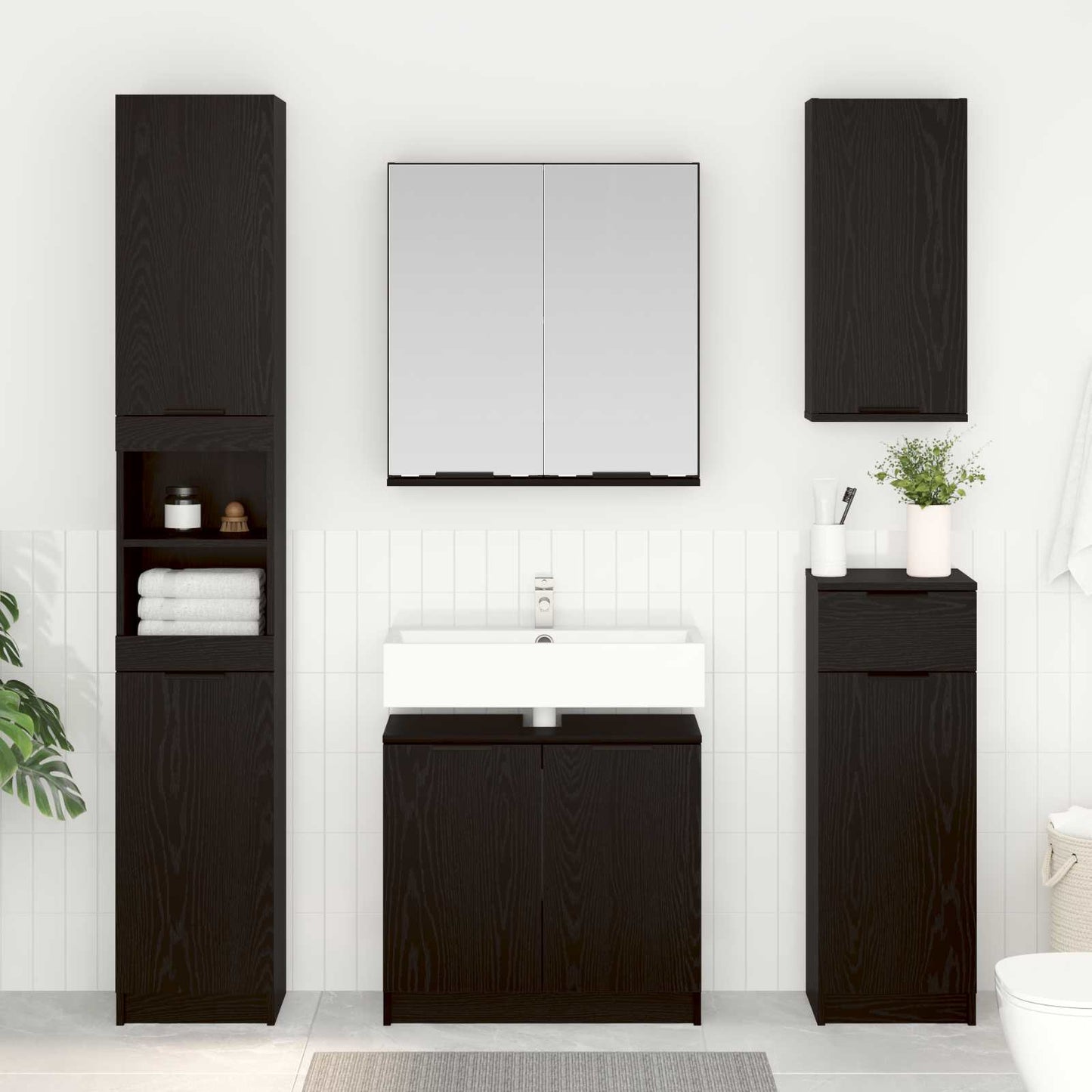 vidaXL Badezimmermöbel-Set 5 pcs Schwarz Eichen-Optik Holzwerkstoff