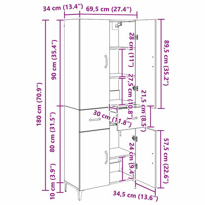 vidaXL Highboard Schwarz Eichen-Optik 69,5 x 34 x 180 cm Holzwerkstoff