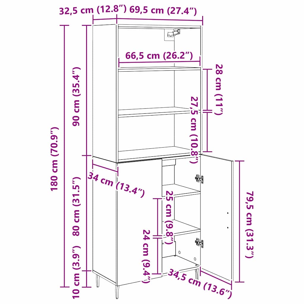 vidaXL Bahut haut noir aspect chêne 69,5 x 34 x 180 cm
