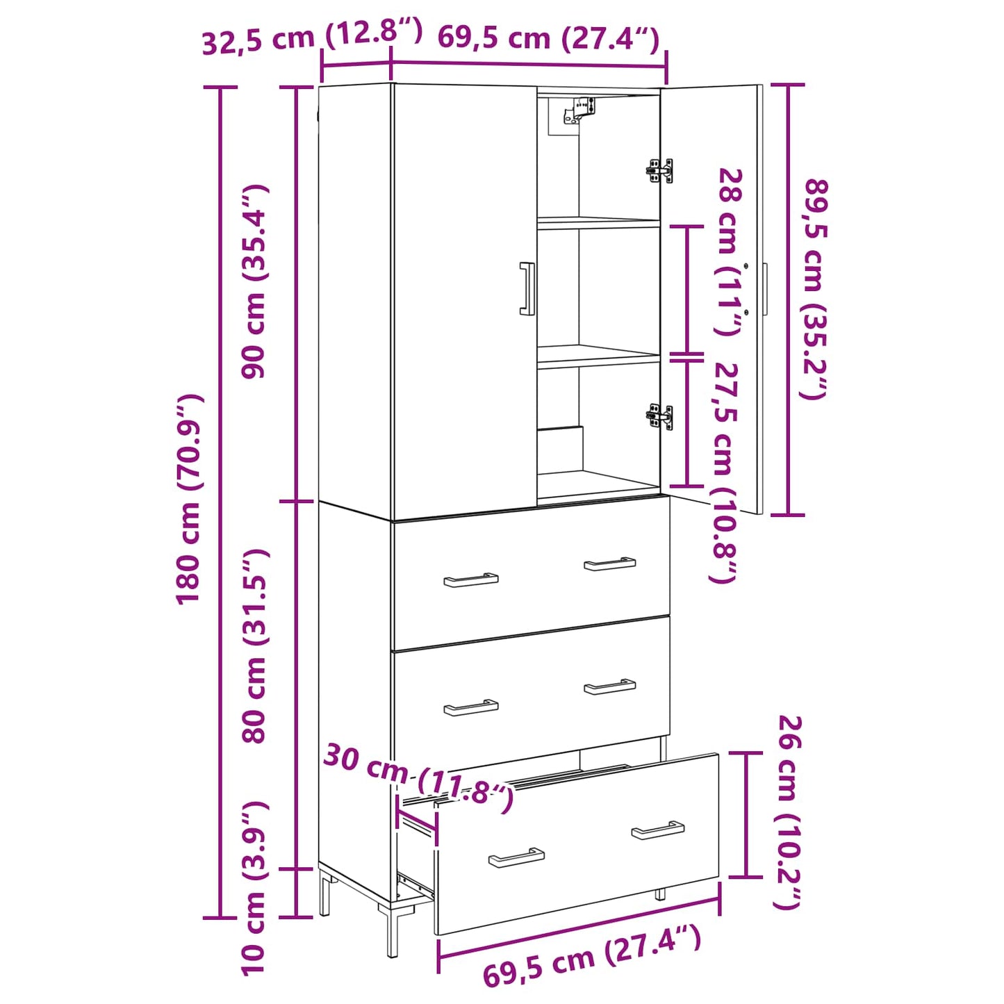 vidaXL Buffet haut noir aspect chêne 69,5 x 34 x 180 cm Bois d'ingénierie