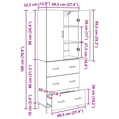 vidaXL Buffet haut noir aspect chêne 69,5 x 34 x 180 cm Bois d'ingénierie