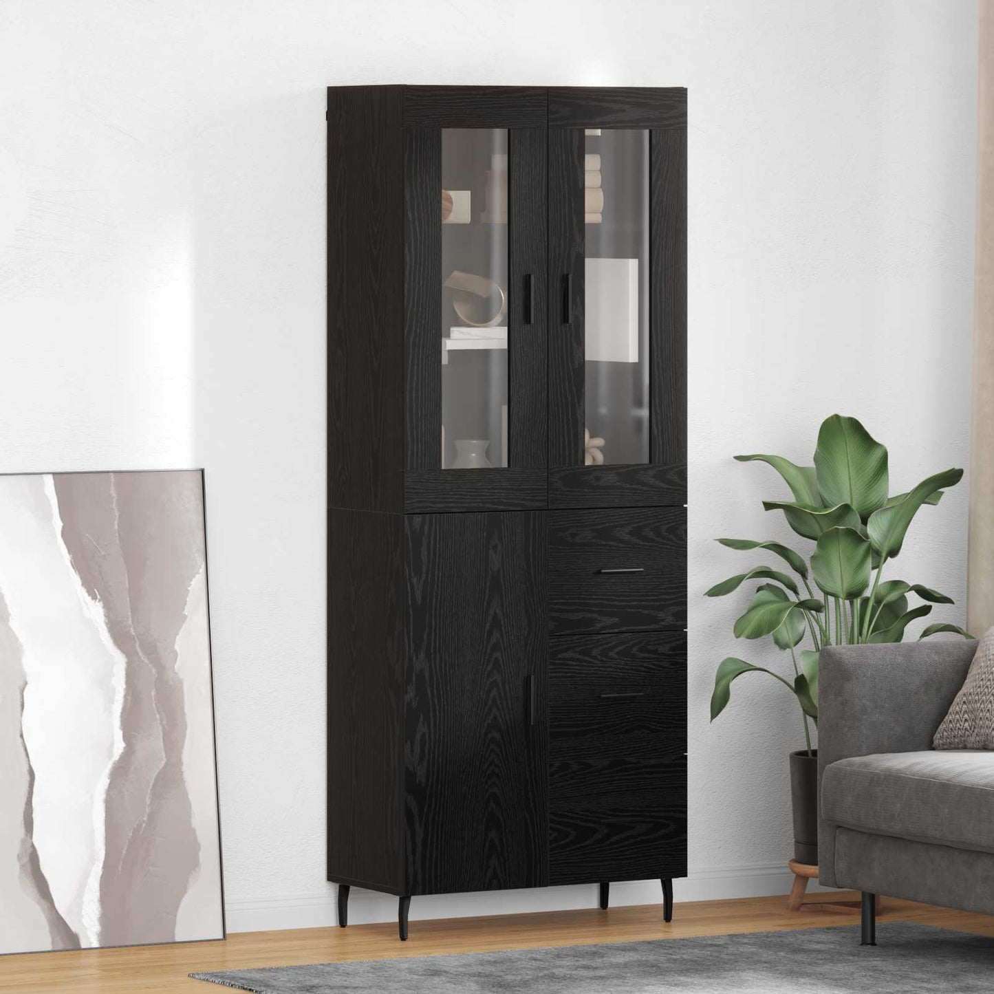vidaXL Highboard 2 pcs Schwarz Eichen-Optik Engineered Wood und Glas