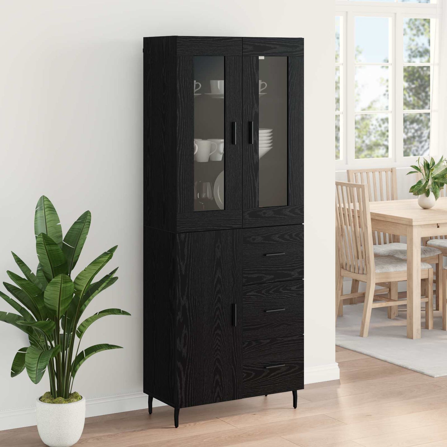 vidaXL Highboard 2 pcs Schwarz Eichen-Optik Engineered Wood und Glas