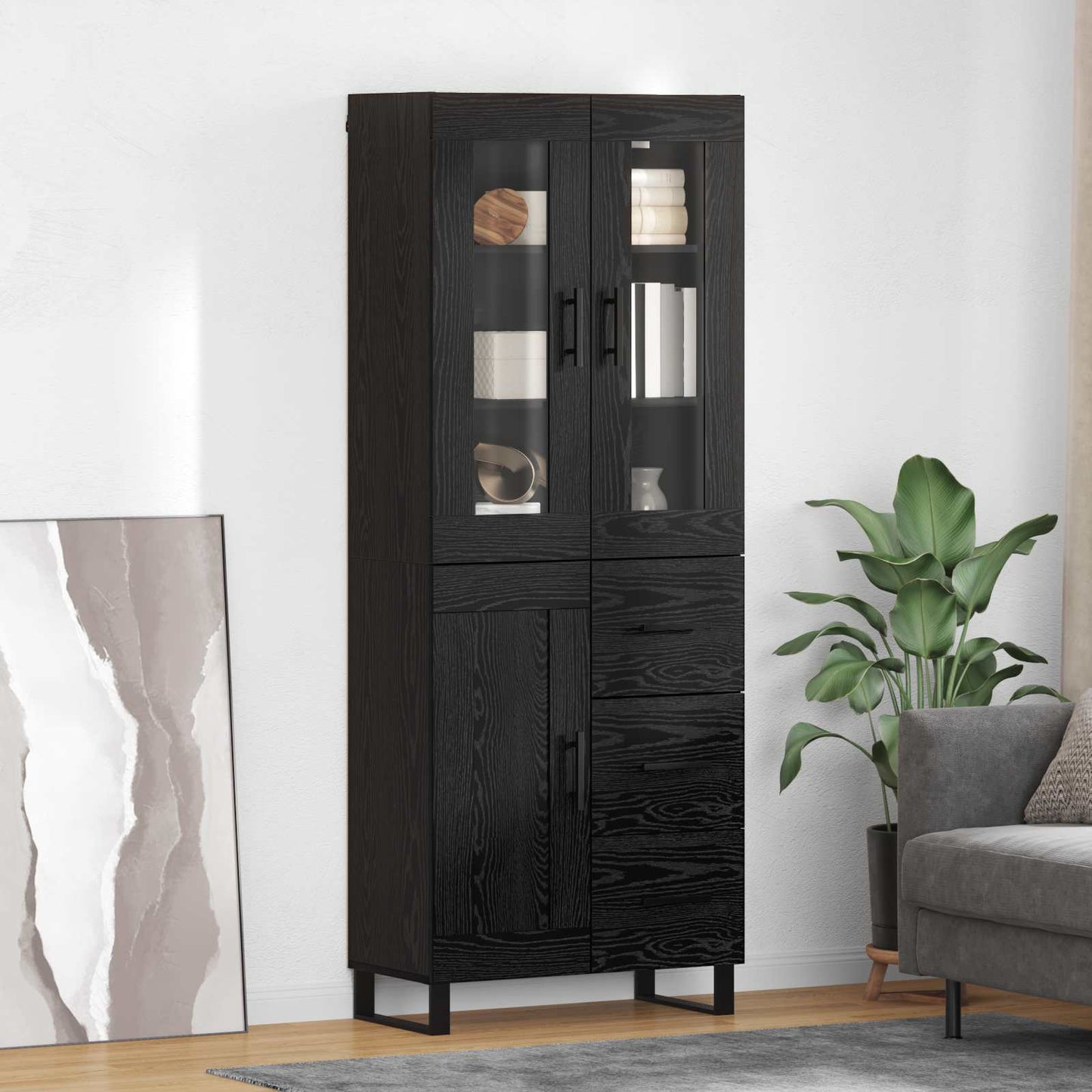 vidaXL Highboard 2 pcs Schwarz Eichen-Optik Engineered Wood und Glas