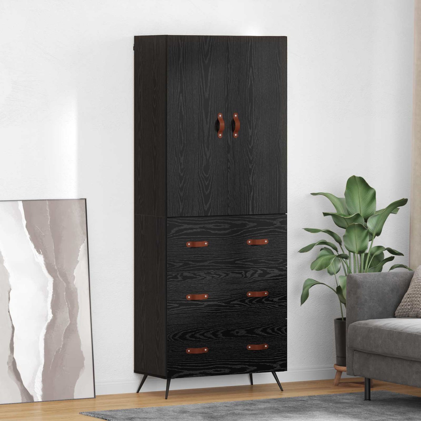 vidaXL Buffet haut noir aspect chêne 69,5 x 34 x 180 cm Bois d'ingénierie