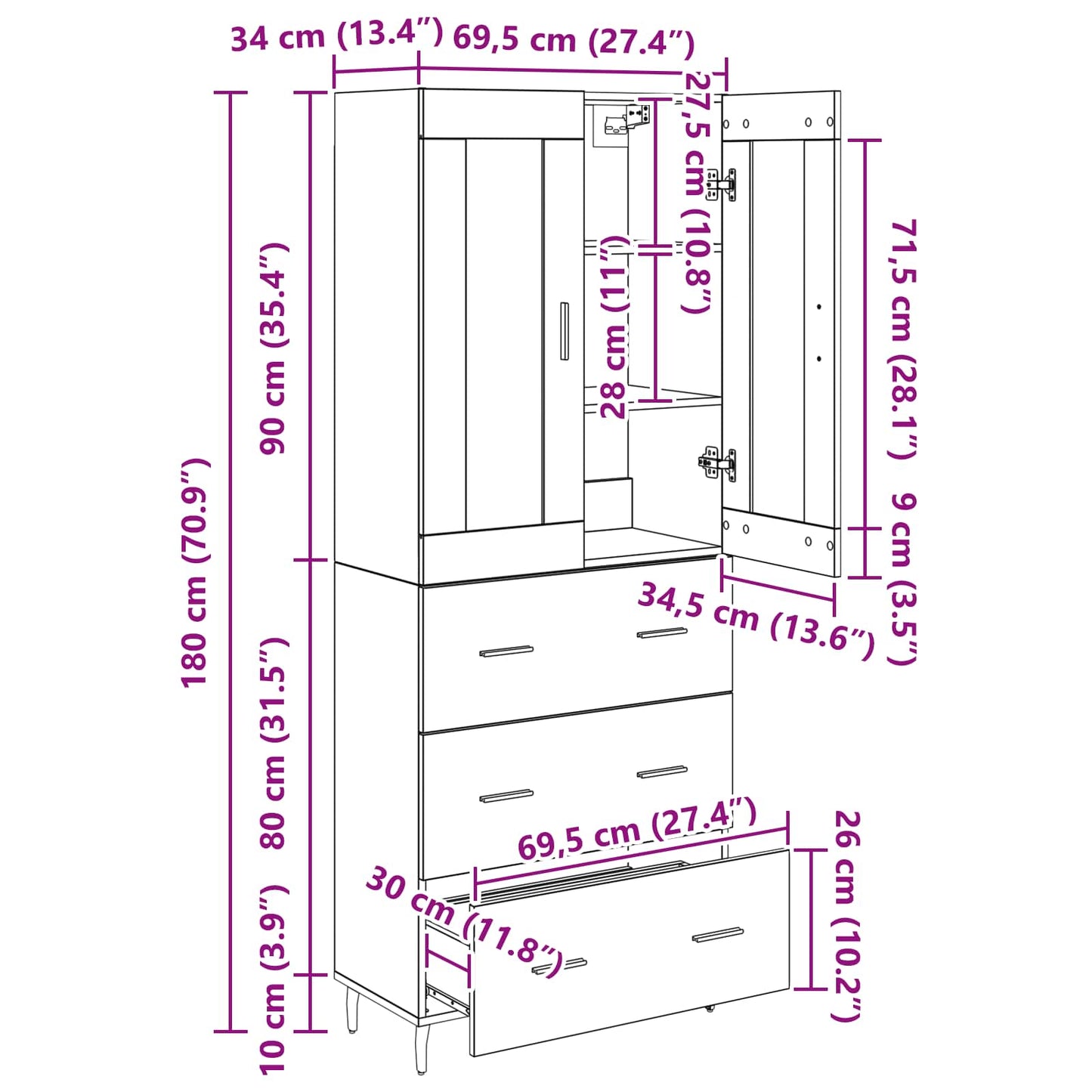 vidaXL Highboard 2 pcs Schwarz Eichen-Optik Engineered Wood und Glas