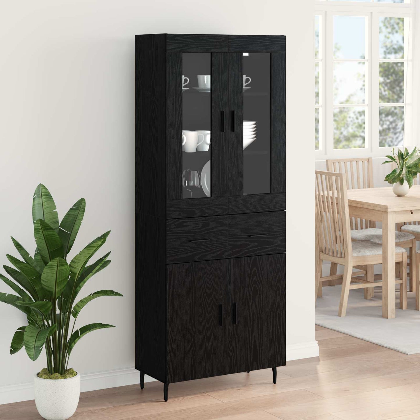 vidaXL Highboard 2 pcs Schwarz Eichen-Optik Engineered Wood und Glas