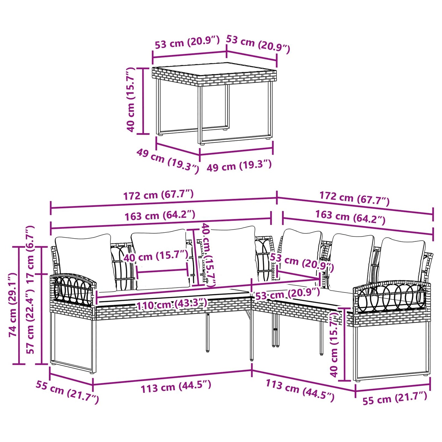 Garten-Sofaset mit Kissen 2 pcs Grau Polyrattan und Stahl