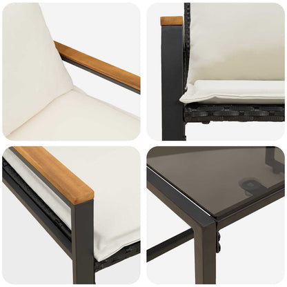 vidaXL Möbelsets mit Kissen 3 pcs Schwarz und Cremeweiß Rattan