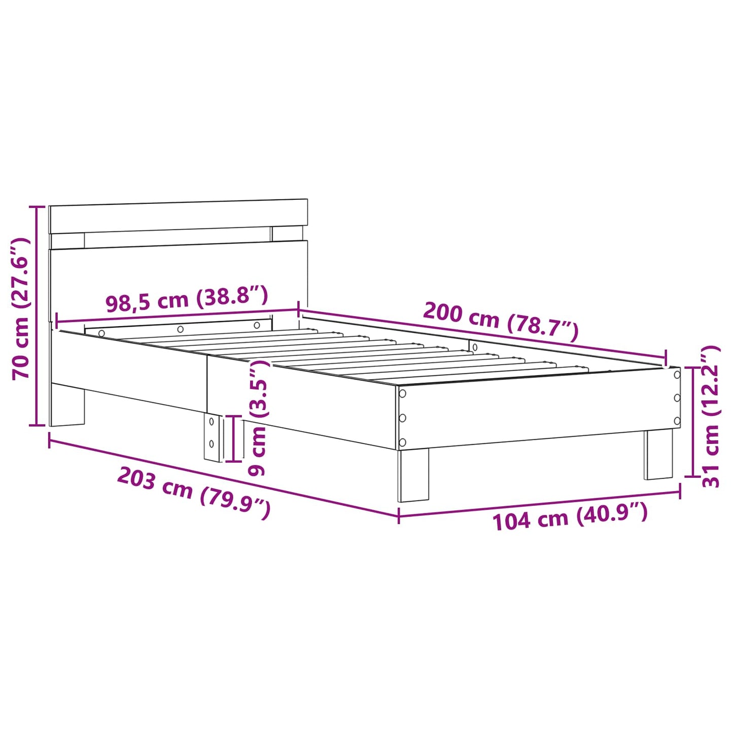 Bettrahmen Schwarz Eichen-Optik 98,5 x 200 cm Holzwerkstoff