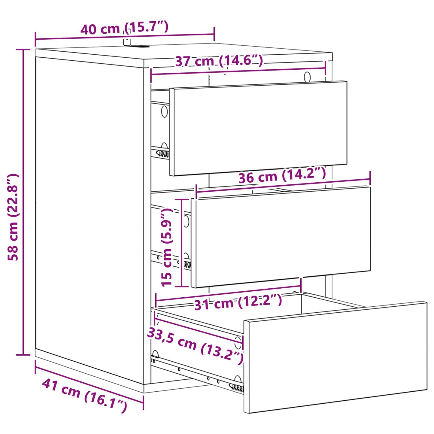 Schubladenschrank Schwarz Eichen-Optik 41 x 40 x 58 cm