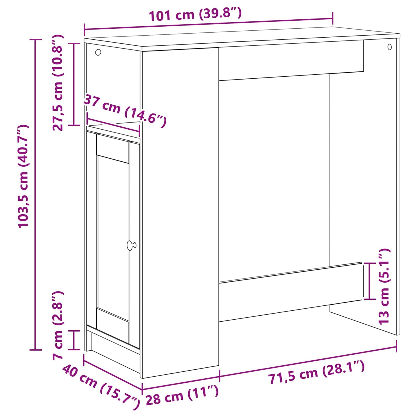 Bartisch Schwarz Eichen-Optik 101 x 40 x 103,5 cm Holzwerkstoff