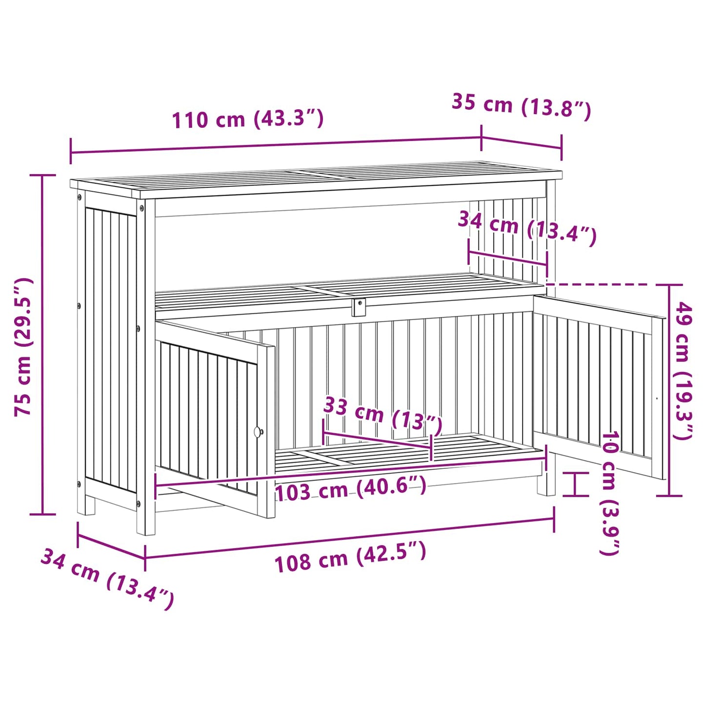 Gartenkonsole Tisch Helles Akazienholz 110 x 35 x 75 cm