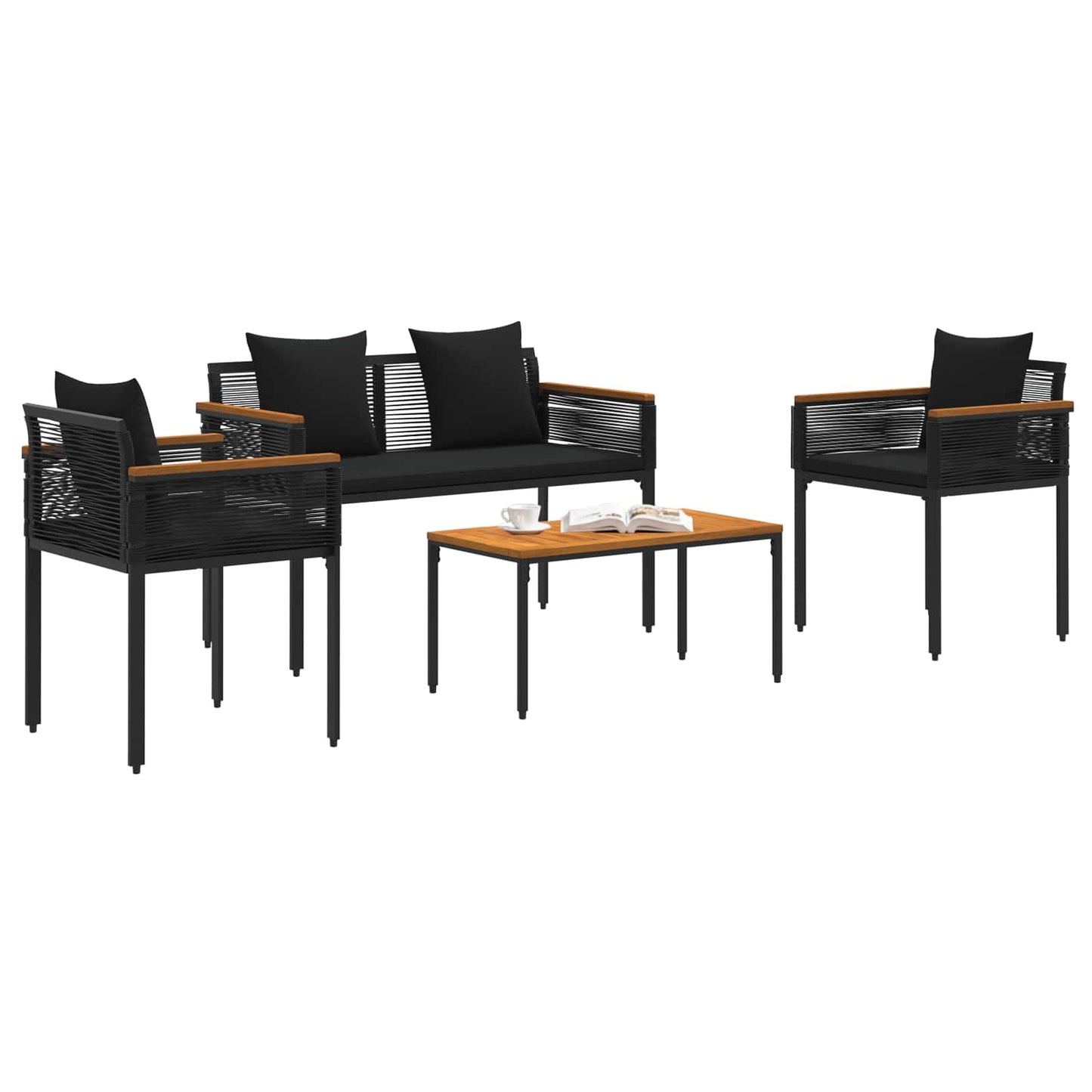 vidaXL Gartenmöbel Set mit Kissen 4 Stück Schwarz PE-Rattan