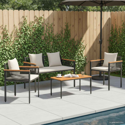 vidaXL Gartenmöbel Set 4 pcs Schwarz und Cremeweiß PE-Rattan