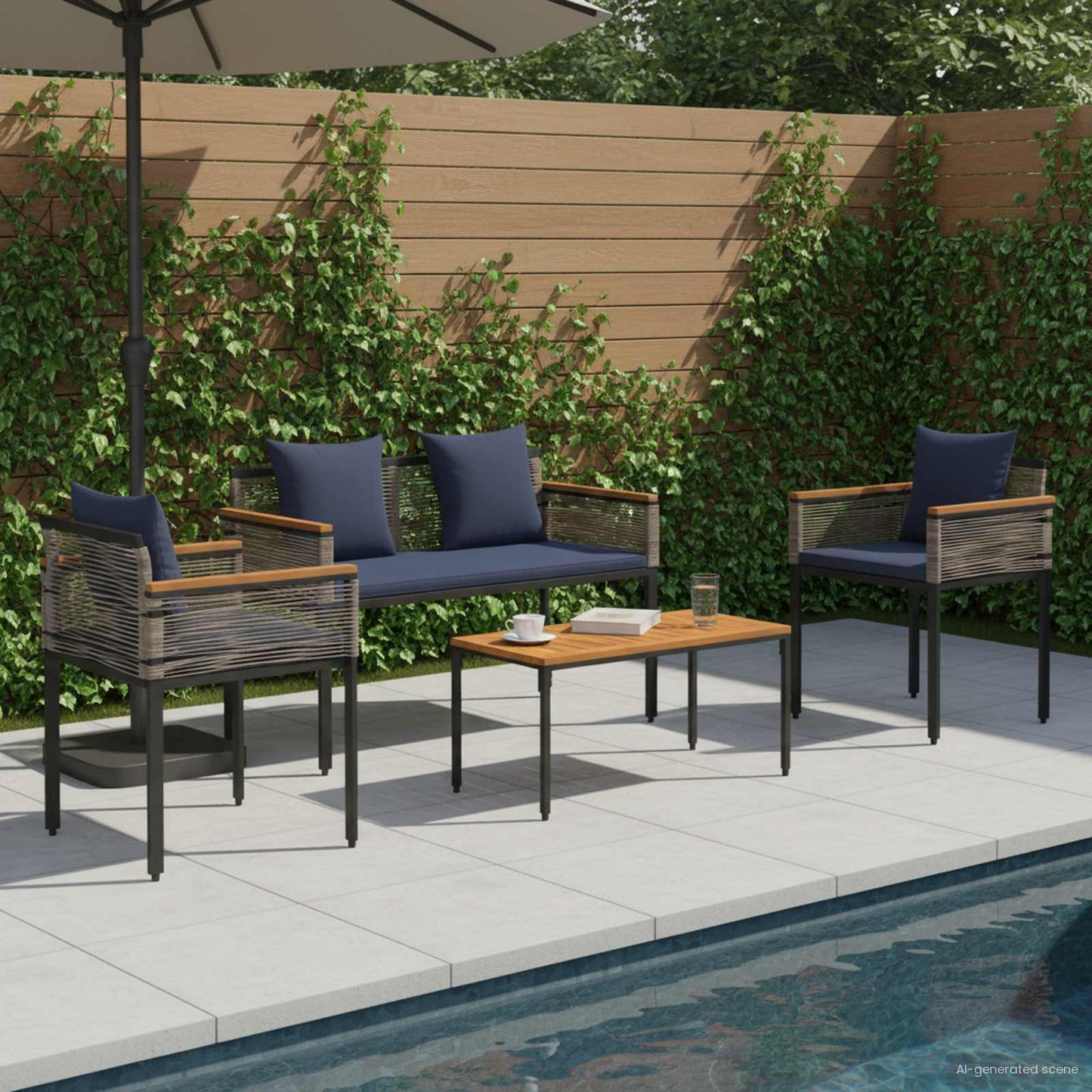 vidaXL Gartenmöbel Set mit Kissen 4 pcs Grau und Marineblau PE-Rattan