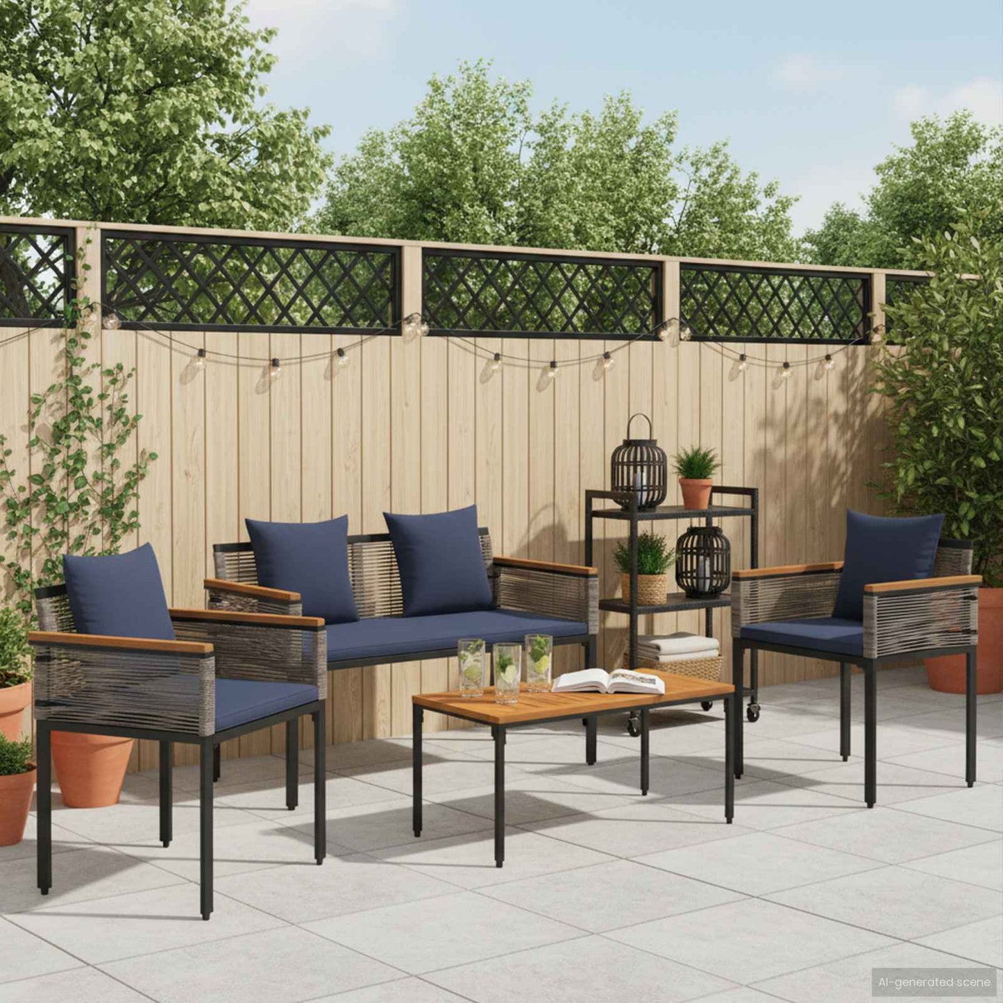 vidaXL Gartenmöbel Set mit Kissen 4 pcs Grau und Marineblau PE-Rattan