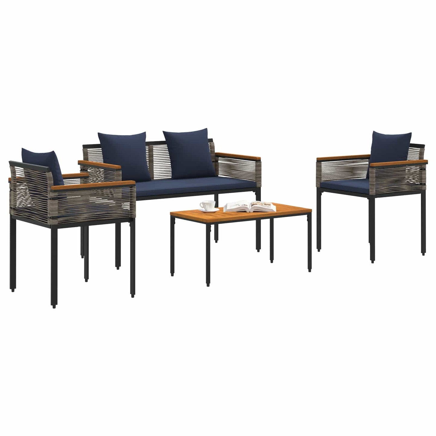 vidaXL Gartenmöbel Set mit Kissen 4 pcs Grau und Marineblau PE-Rattan