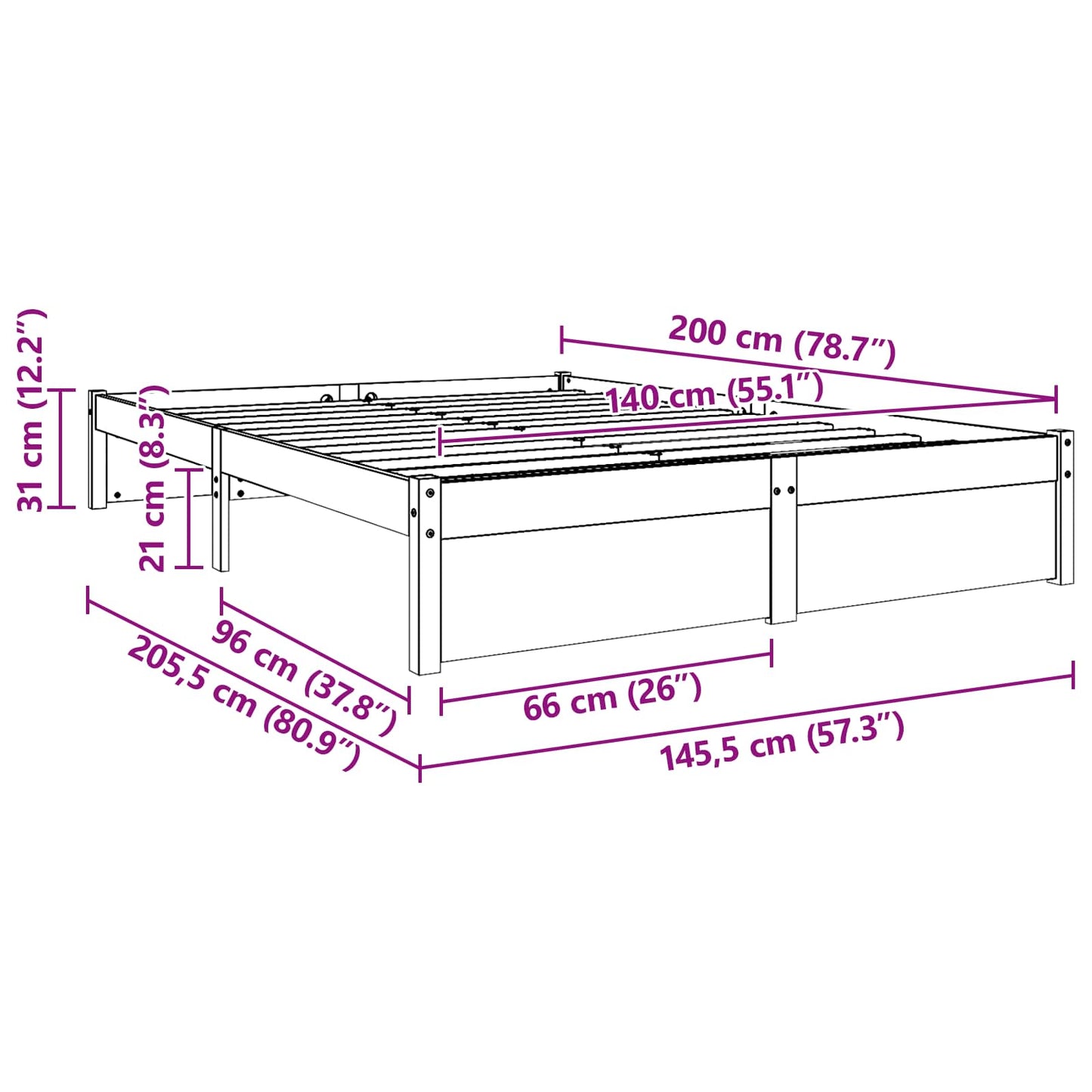Bettrahmen Wachsbraun 140 x 200 cm Massivholz Kiefer