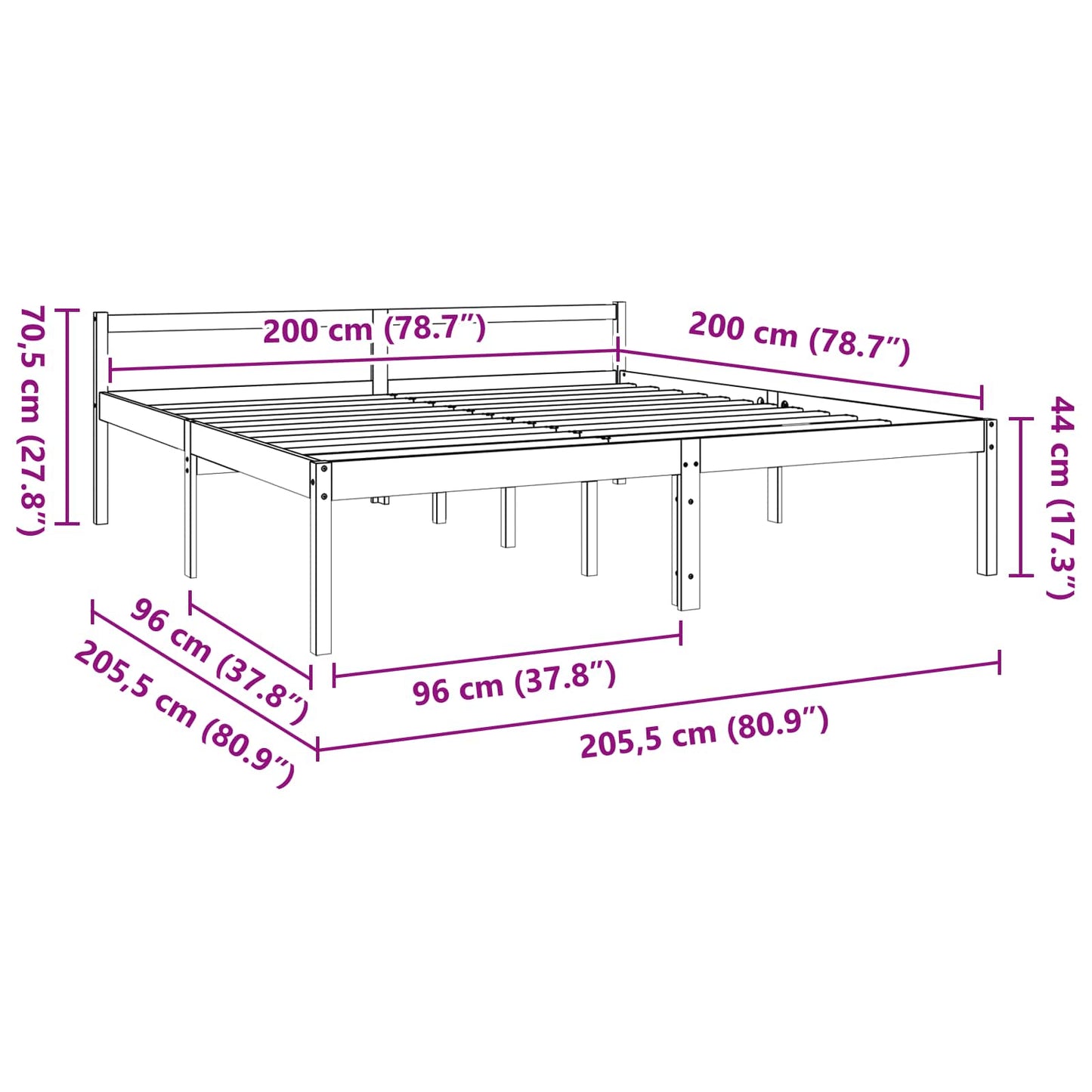 vidaXL Cadre de lit brun miel 200 x 200 cm Bois de pin massif