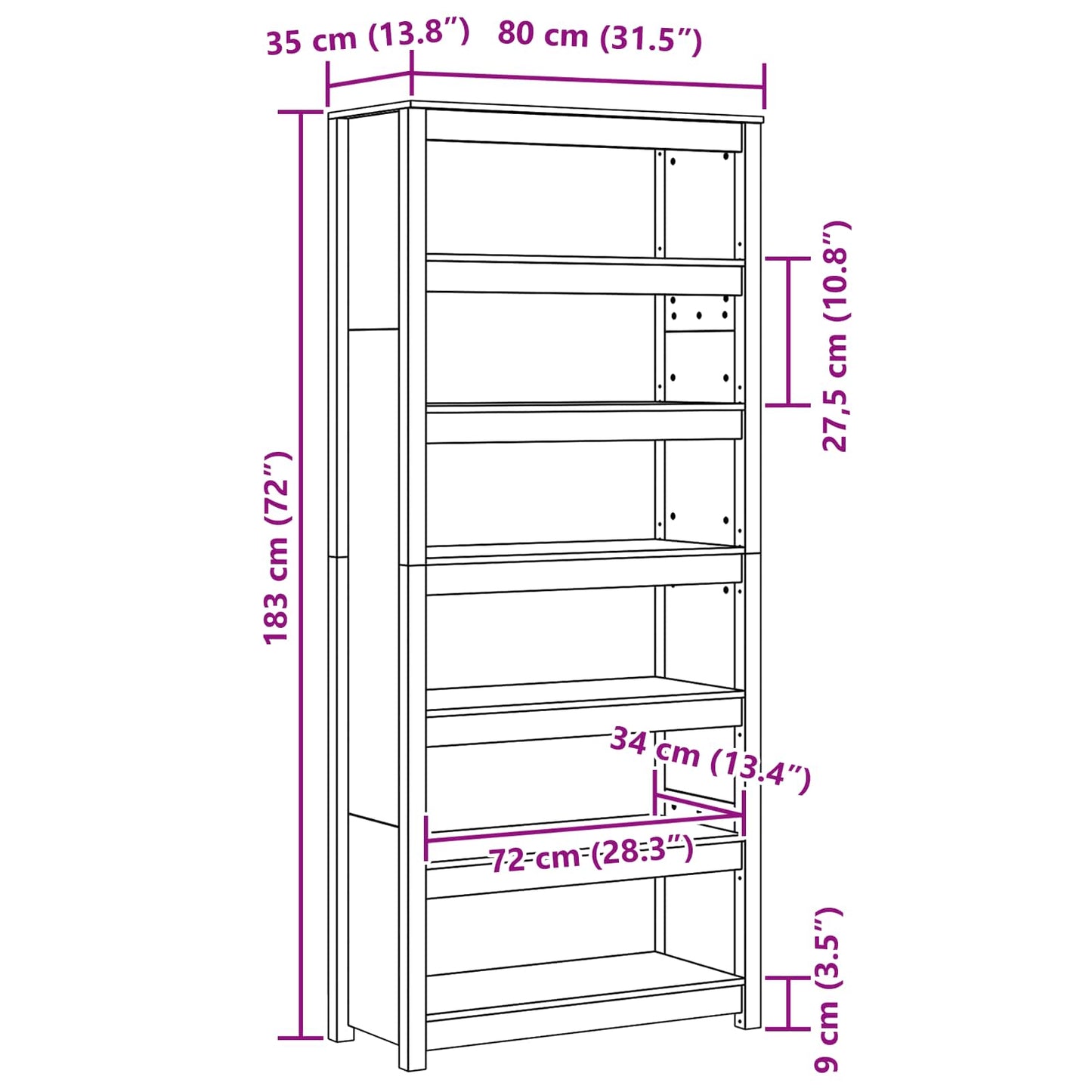vidaXL Bücherregal Wachsbraun 80 x 35 x 183 cm Massives Kiefernholz