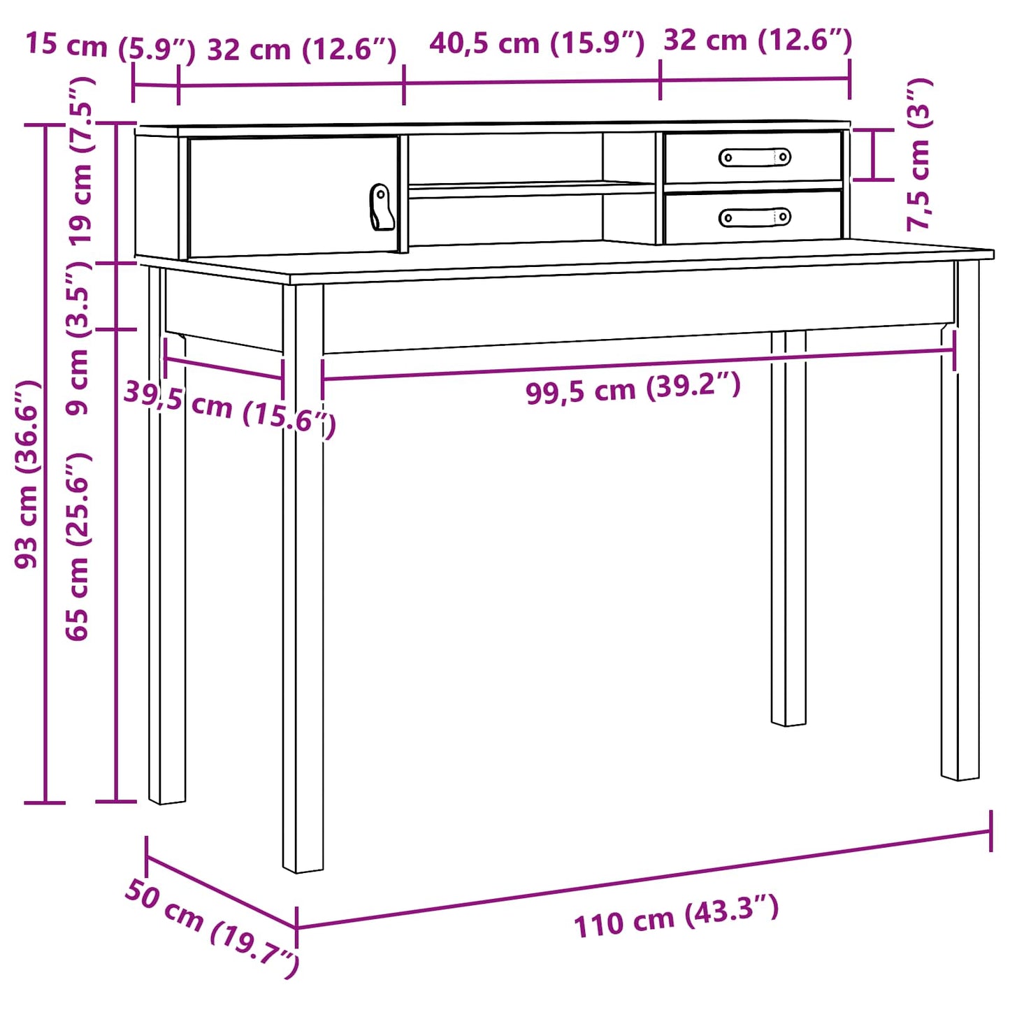 vidaXL Schreibtisch Wachsbraun 110 x 50 x 93 cm Massives Kiefernholz