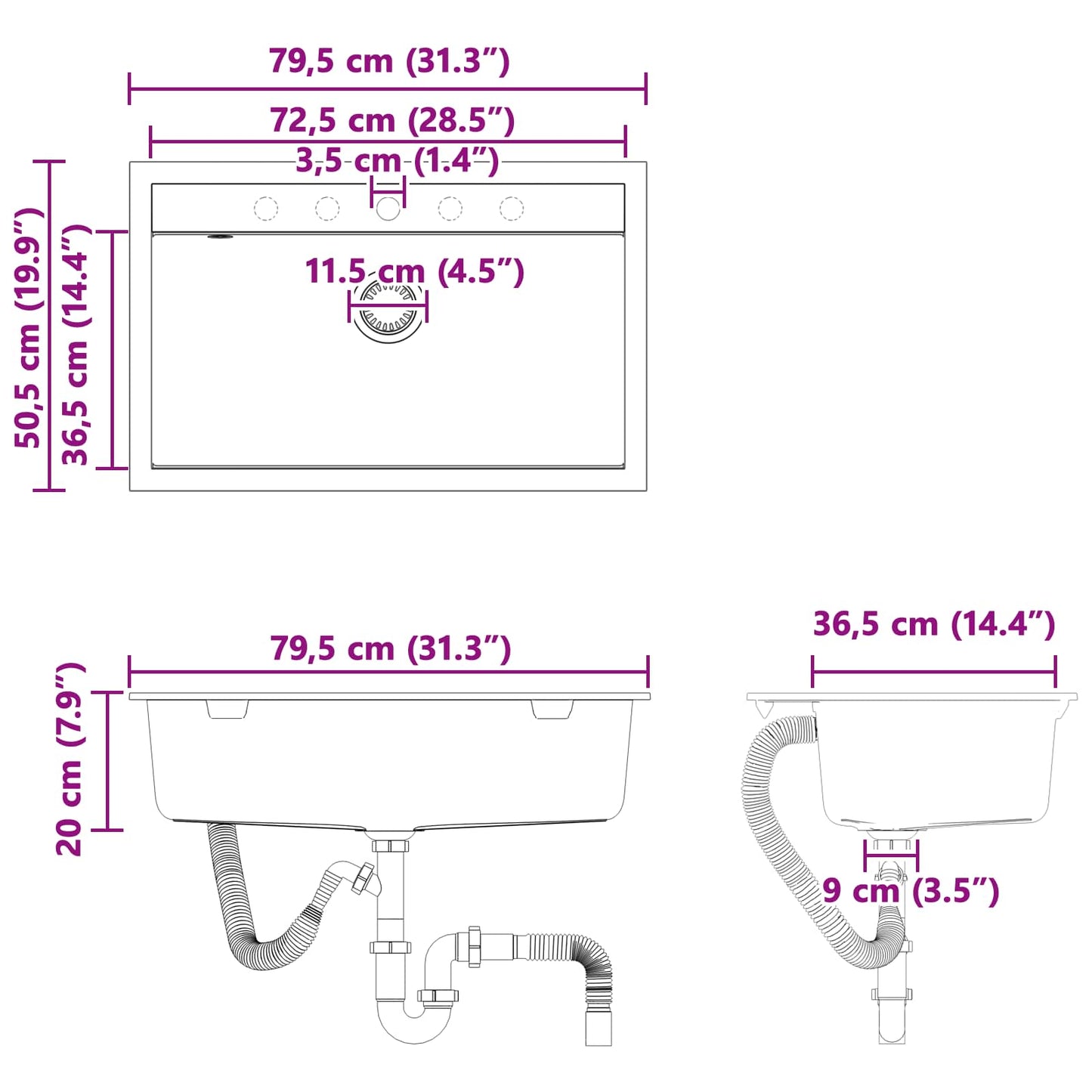 Waschbecken Schwarz 795 x 505 mm Granit