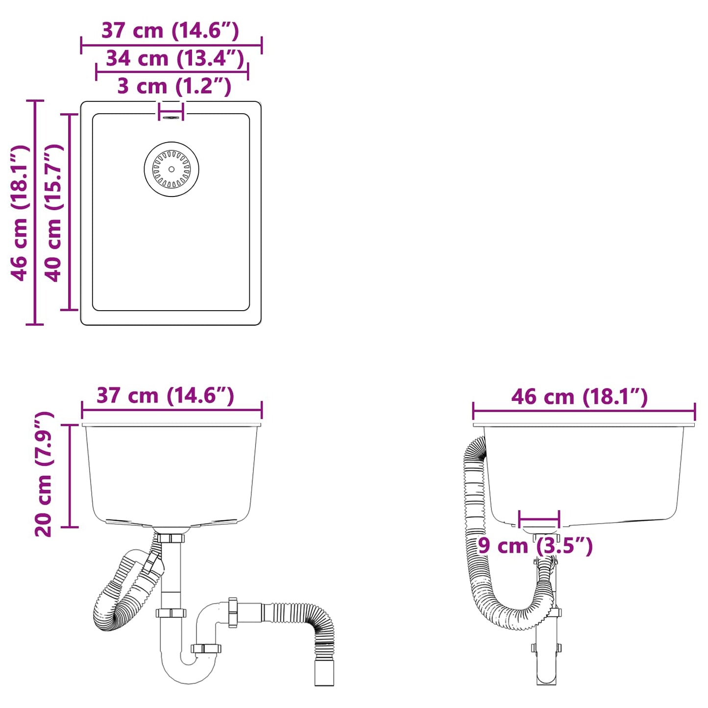 Waschbecken Grau 370 x 460 mm 80% Quarz und 20% Harz
