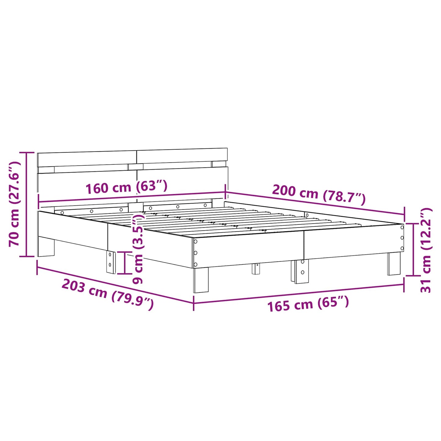 vidaXL Cadre de lit aspect chêne noir 160 x 200 cm en bois d'ingénierie