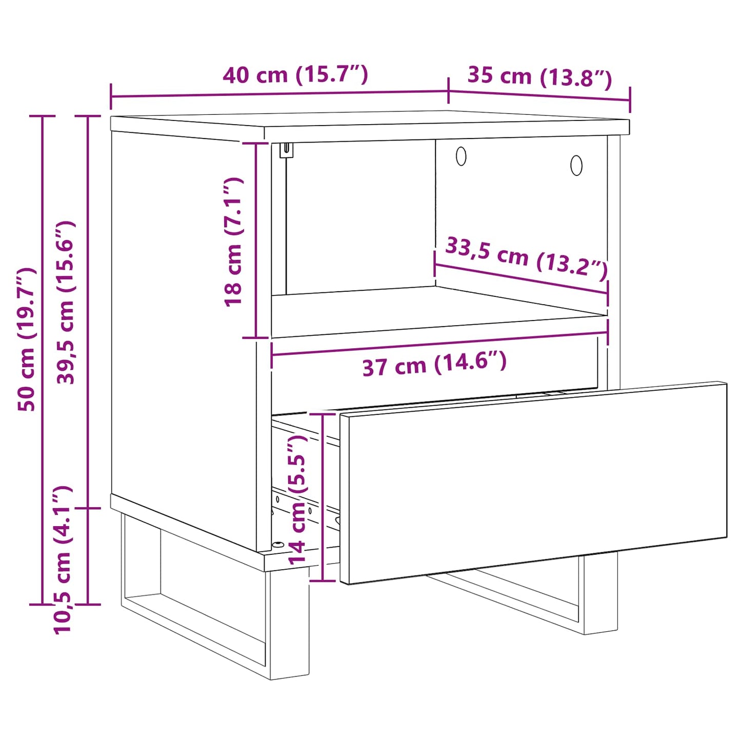 vidaXL Bettschrank Schwarz Eichen-Optik 40 x 35 x 50 cm Holzwerkstoff