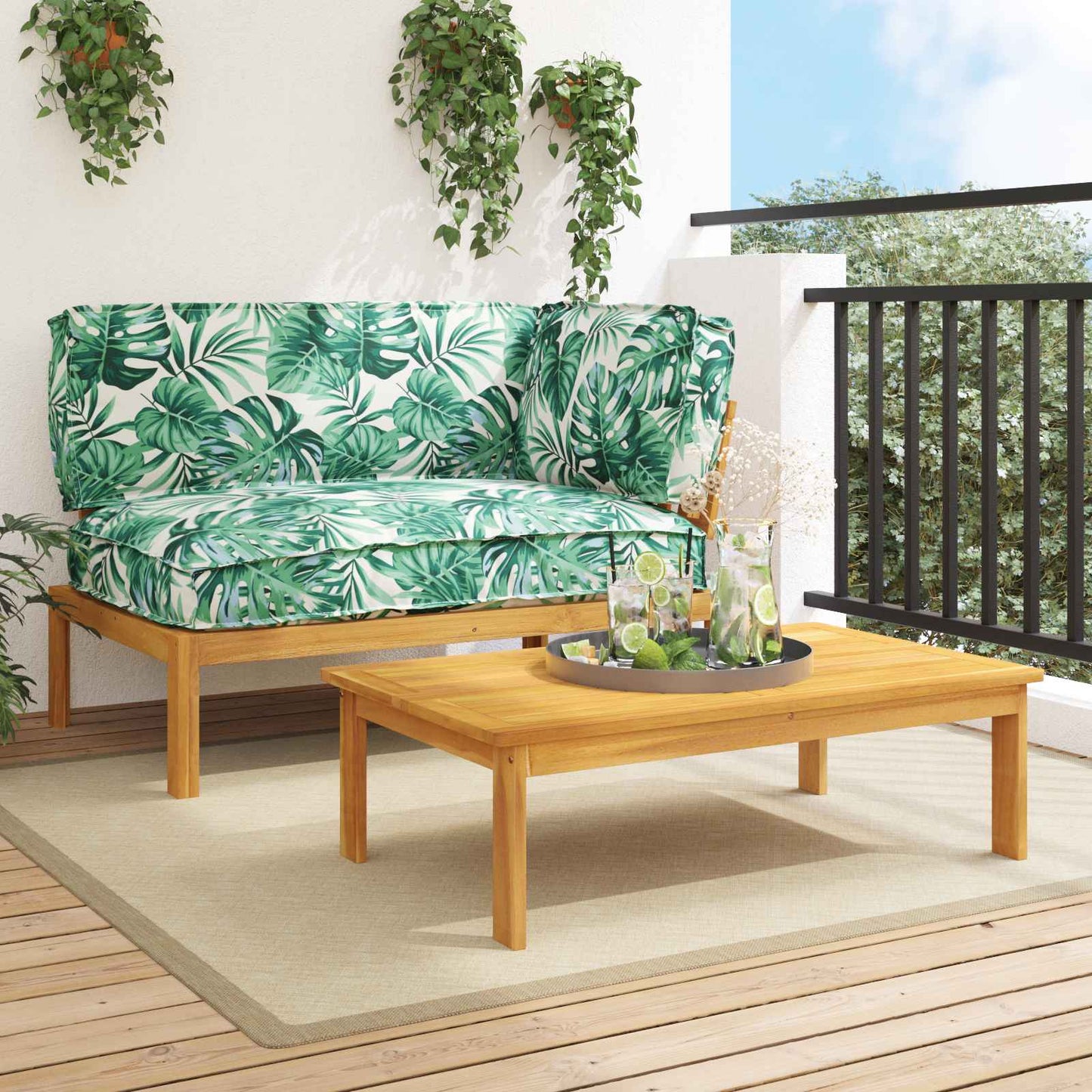 Sofa Set mit Kissen Blatt 2 pcs Blattmuster Massivholz Akazie