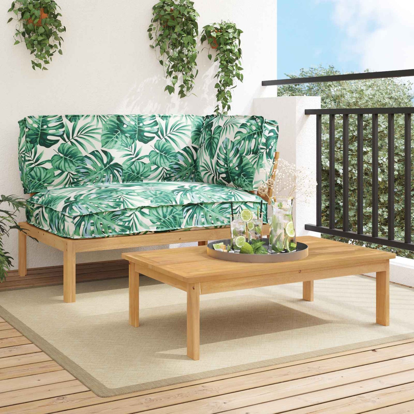 vidaXL Ensemble de canapés avec coussins en motif de feuilles 2 pcs Motif de feuilles Bois d'acacia massif