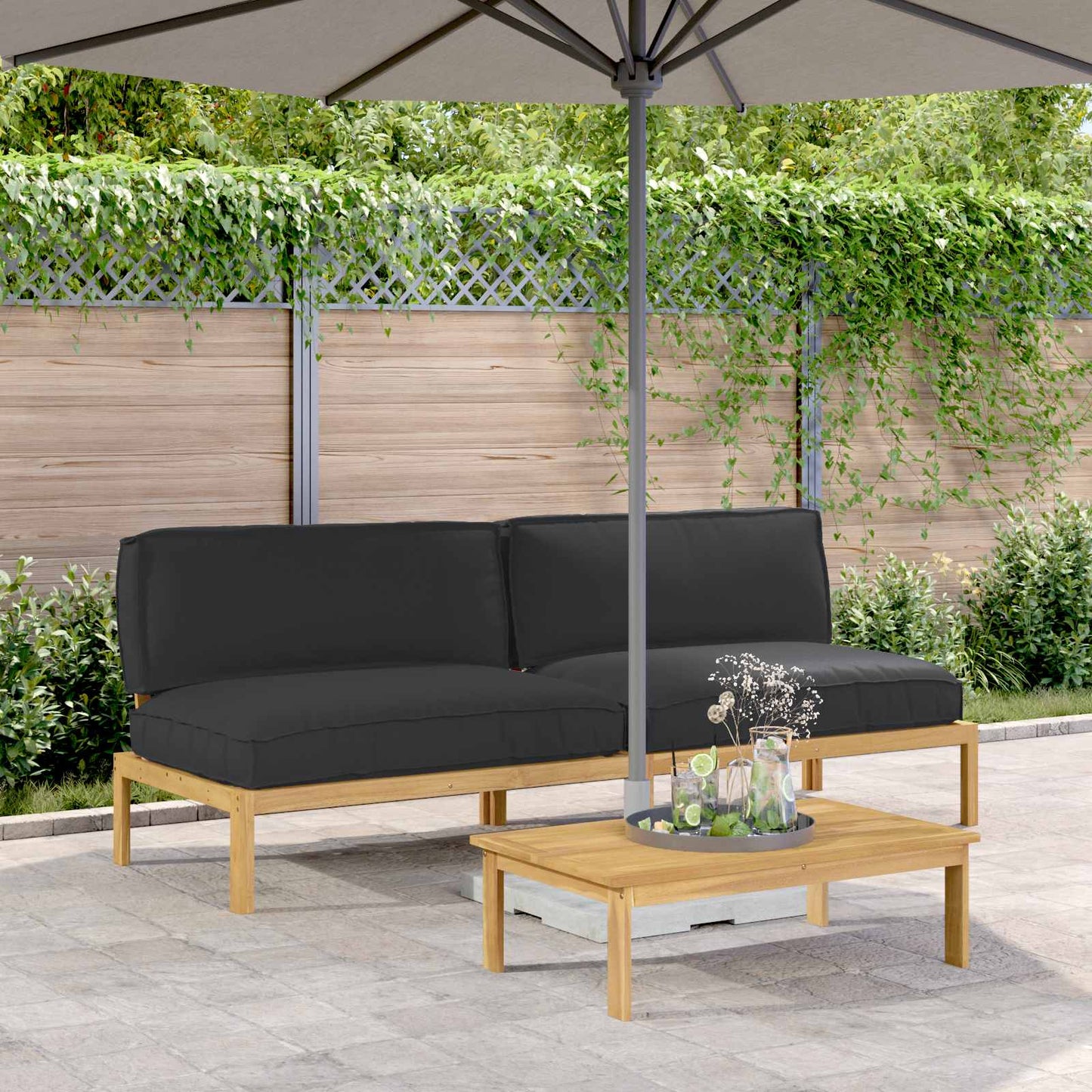 vidaXL Sofa Set mit Kissen Schwarz 240 x 92 x 69 cm Massivholz Akazie