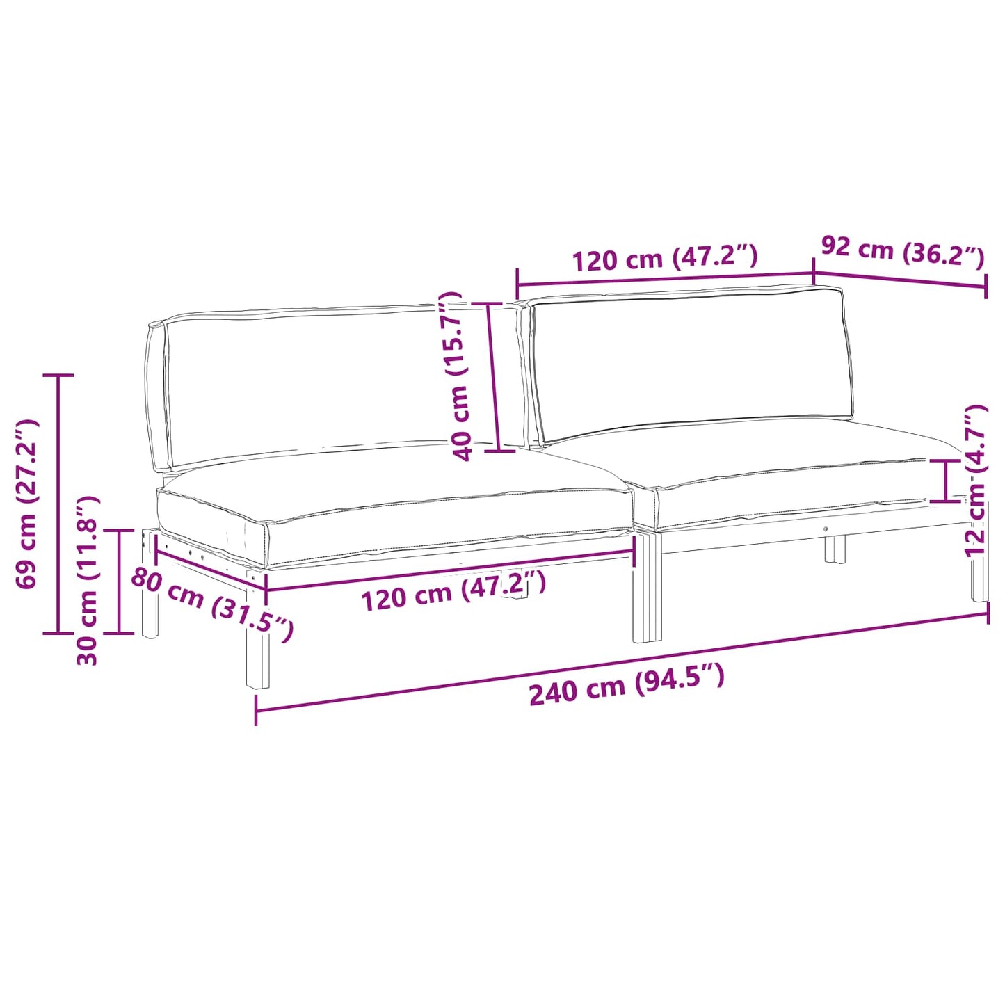 vidaXL Sofa Set mit Kissen Schwarz 240 x 92 x 69 cm Massivholz Akazie