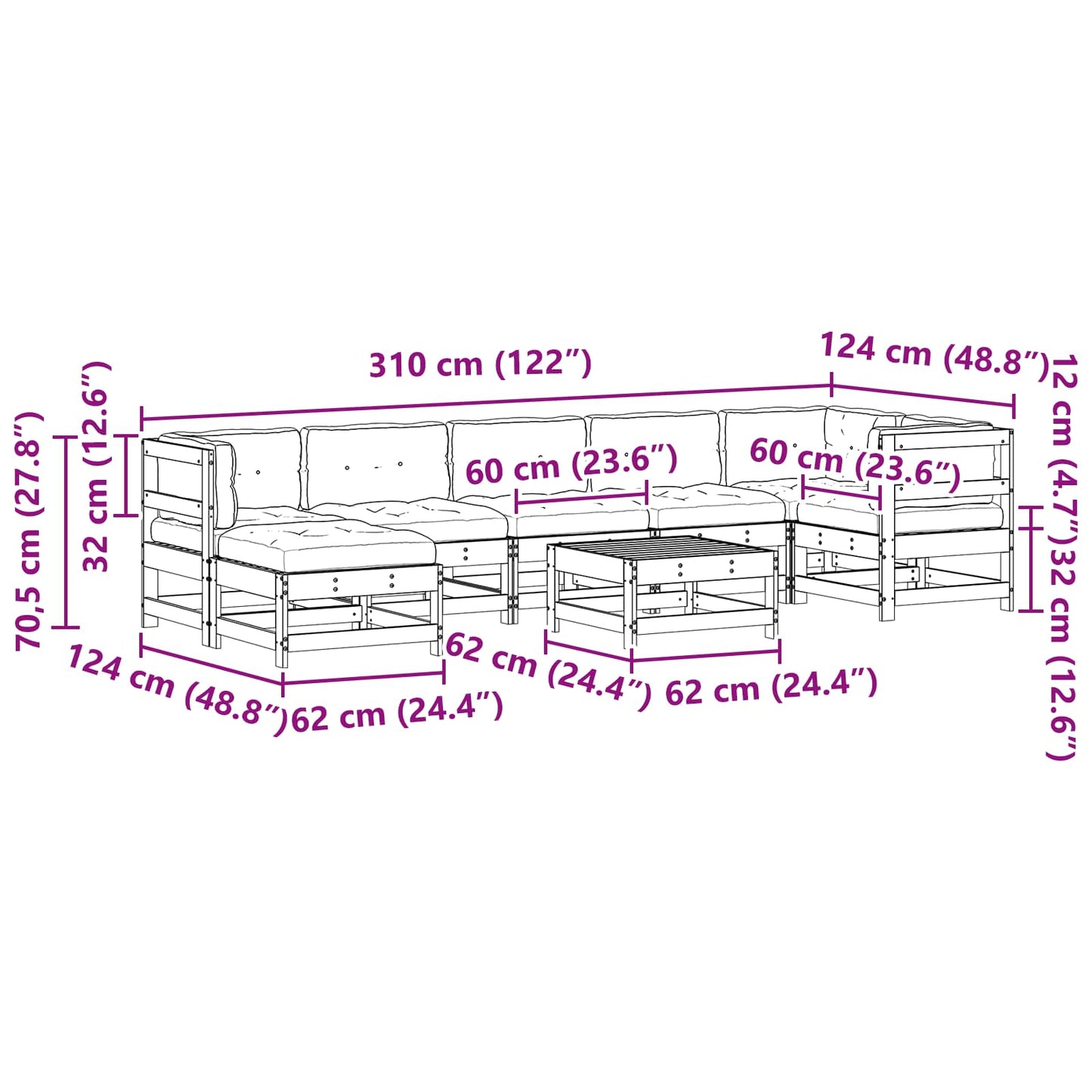 Garten-Lounge-Set 8 pcs Wachsbraun Massives Kiefernholz