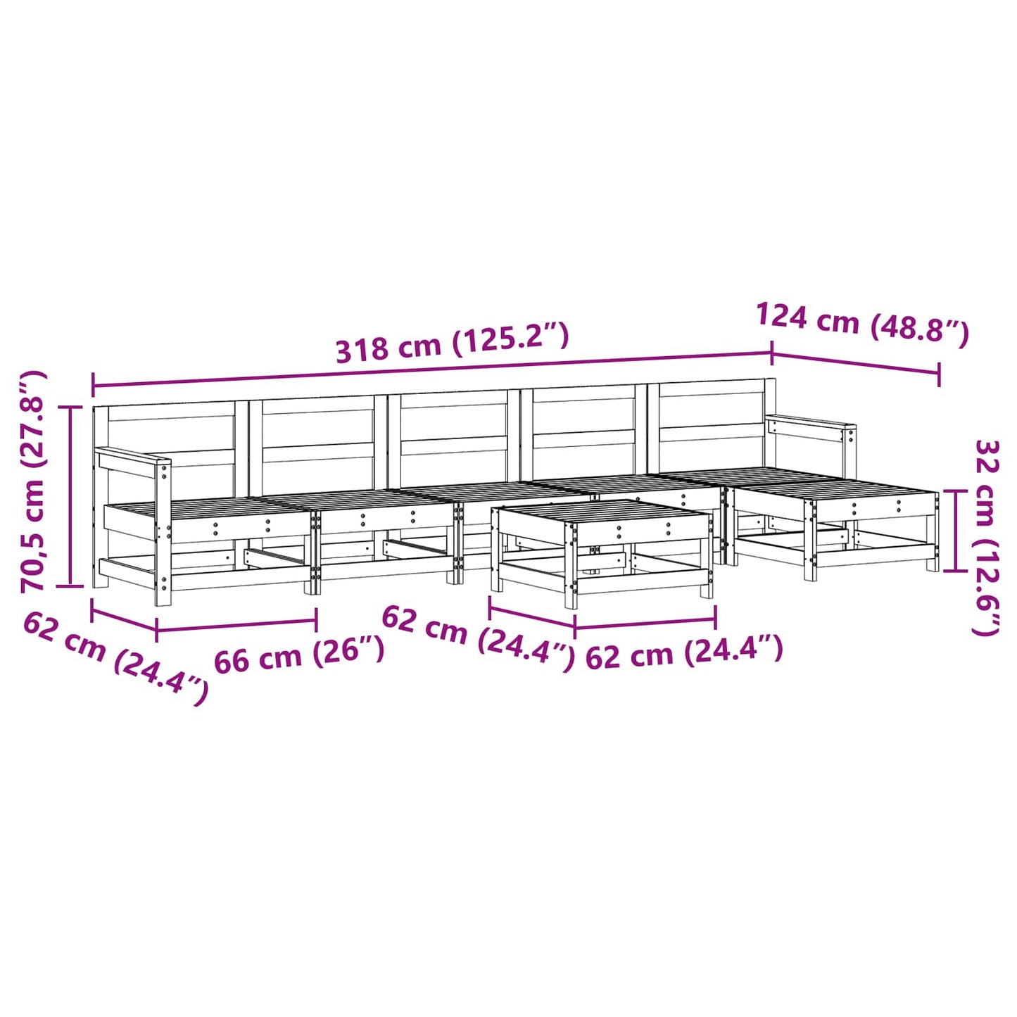 Garten-Lounge-Set 6 pcs Wachsbraun Massives Kiefernholz