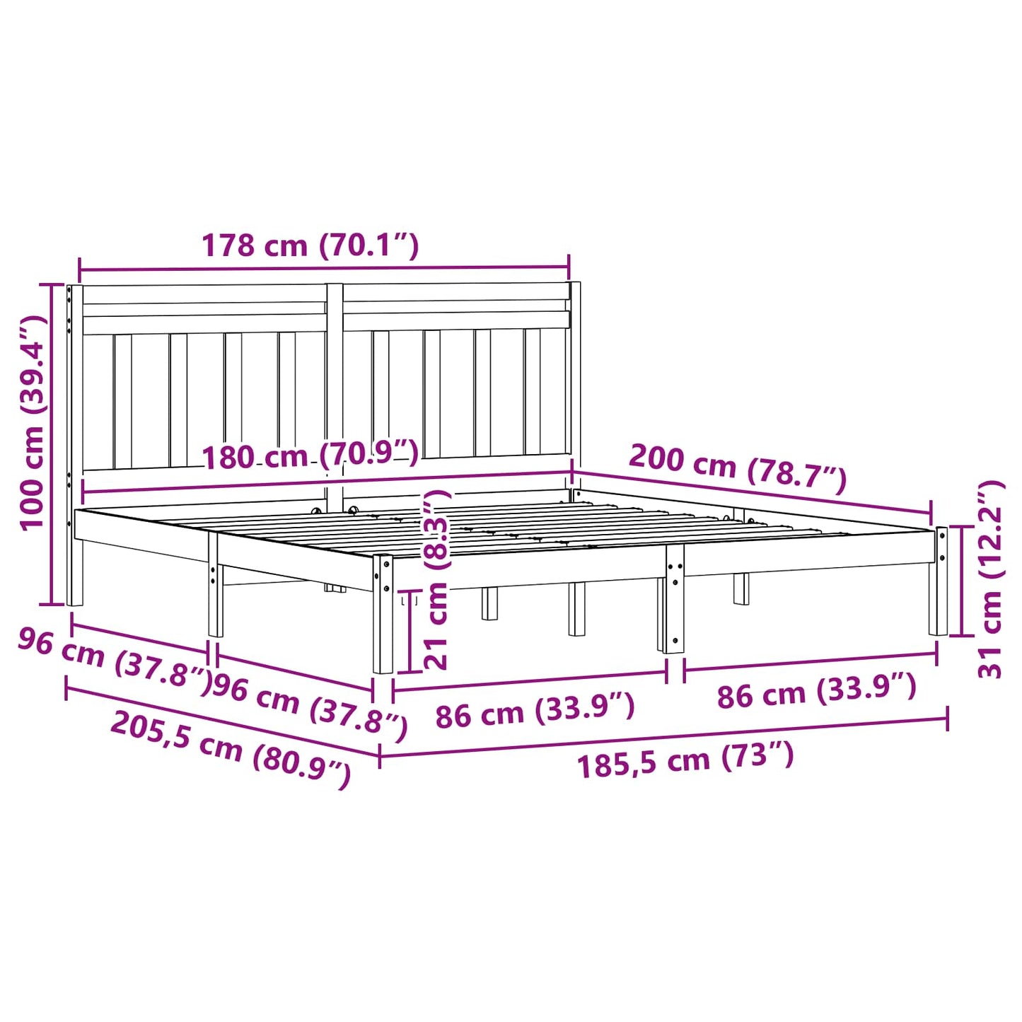 vidaXL Bettrahmen Wachsbraun 205,5 x 185,5 x 100 cm Massivholz Kiefer