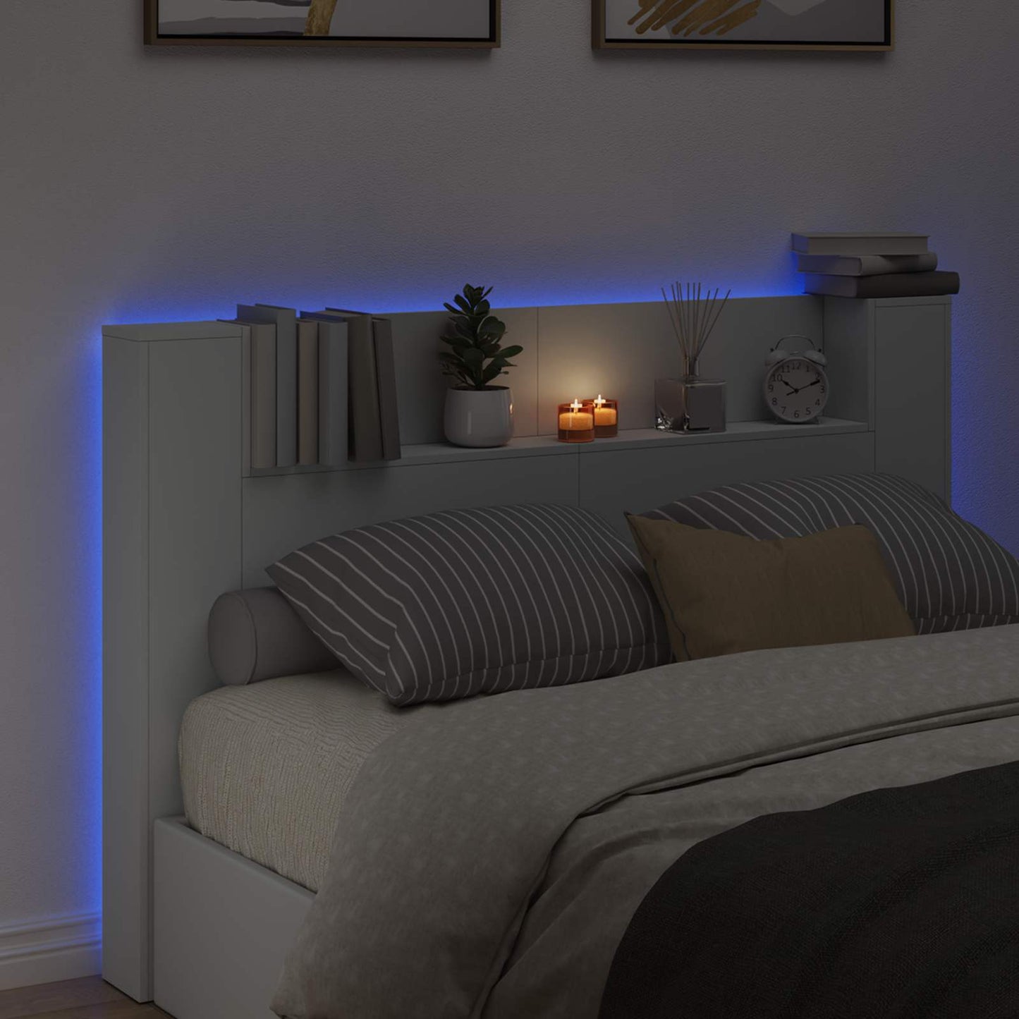 vidaXL Tête de lit armoire avec LED et étagère Blanc 160 x 16,5 x 103,5 cm