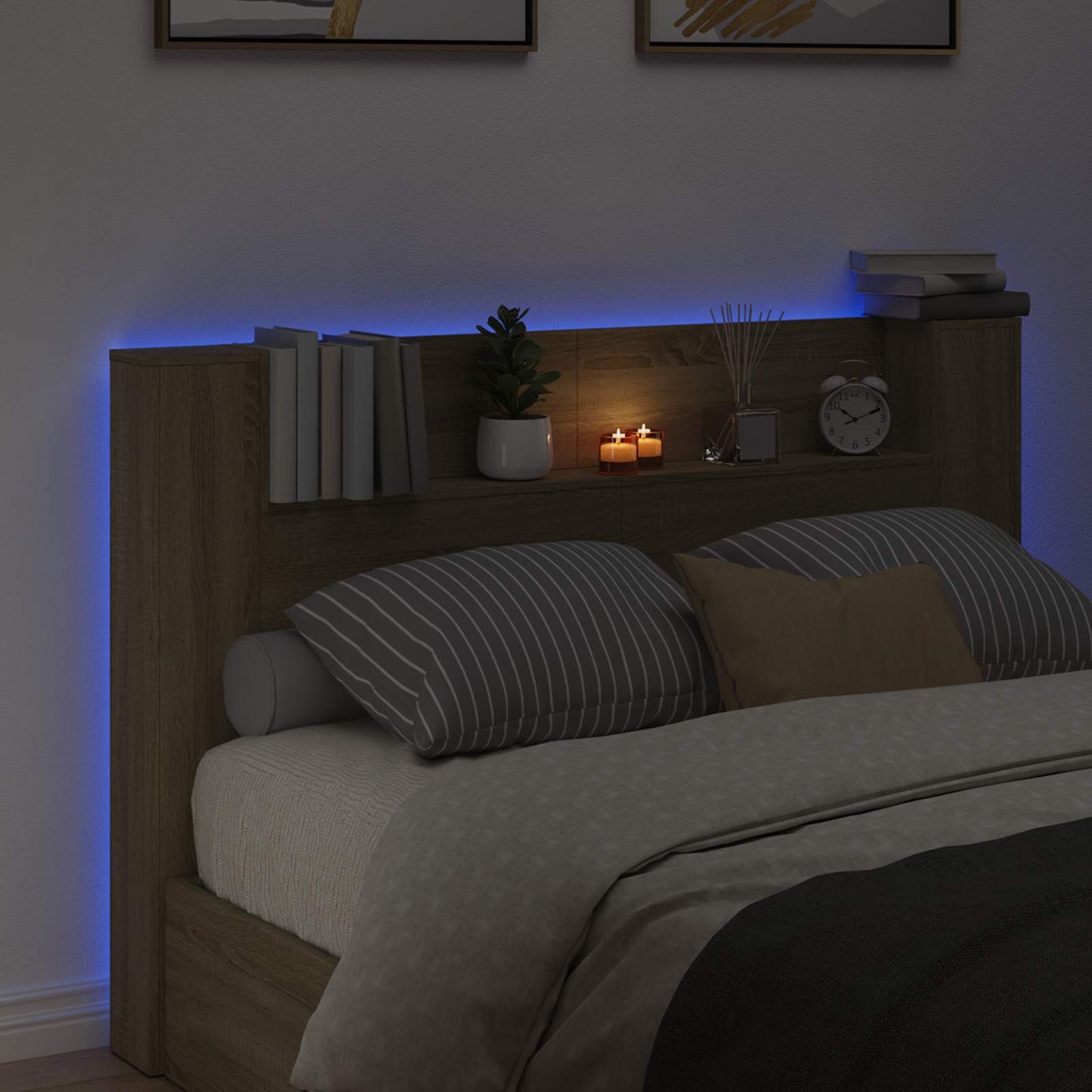 Tête de lit-armoire vidaXL avec LED avec étagère, couleur chêne sonoma 160 x 16,5 x 103,5 cm