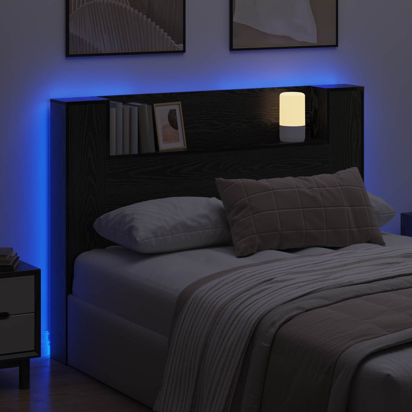 vidaXL Kopfteil-Schrank mit LED Schwarze Eiche 140 x 16,5 x 103,5 cm