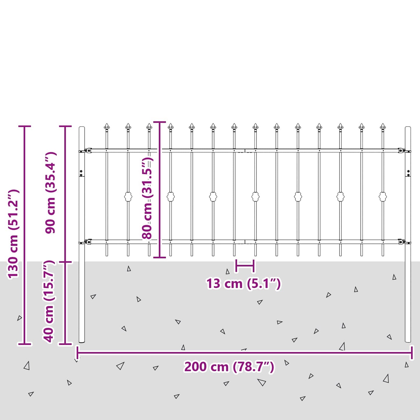 Spießzaun Schwarz 200 x 130 cm Pulverbeschichteter Stahl