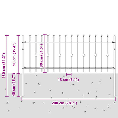 Spießzaun Schwarz 200 x 130 cm Pulverbeschichteter Stahl